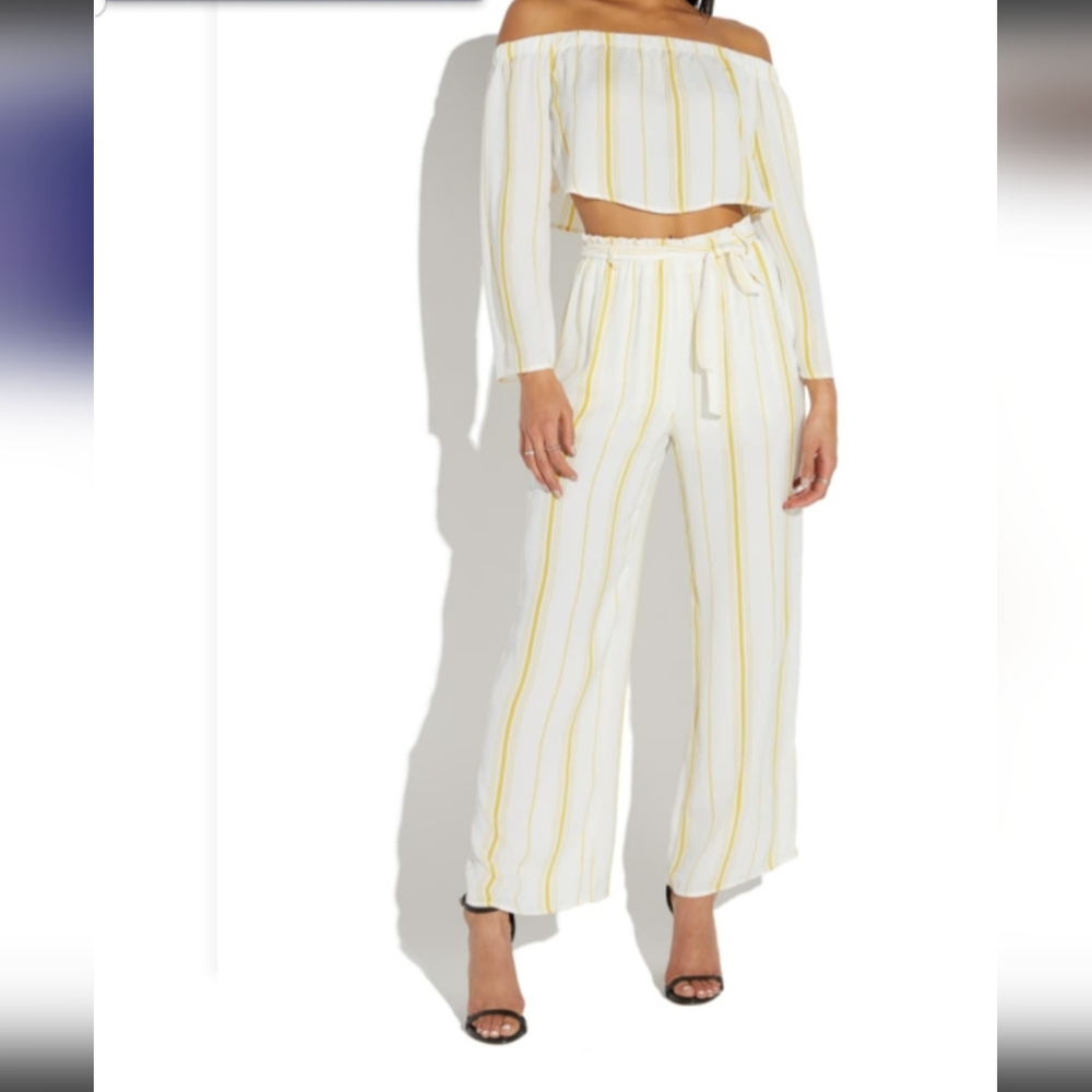White and Yellow Striped Off-Shoulder Top